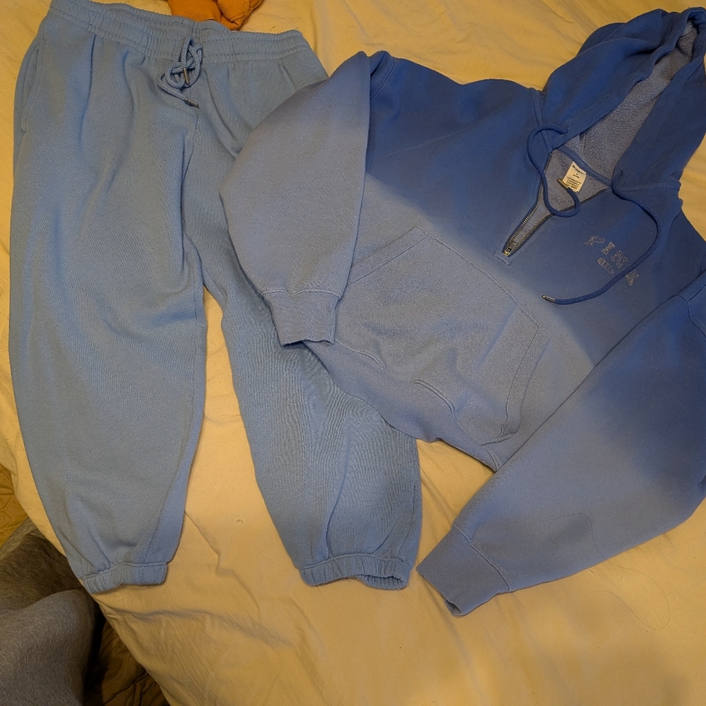 Pink Half Zip Medium Blue Fade Hoodie With Matching pink Capri Sweatpants SM